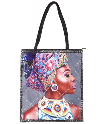 Women Print Sequined Tote Bag A039PP BLACK B